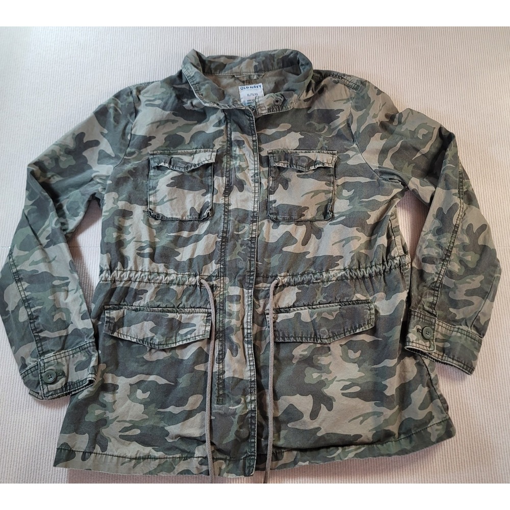 Old Navy Womens Camo Field Jacket Green Utility Zip Up Drawstring Waist XL